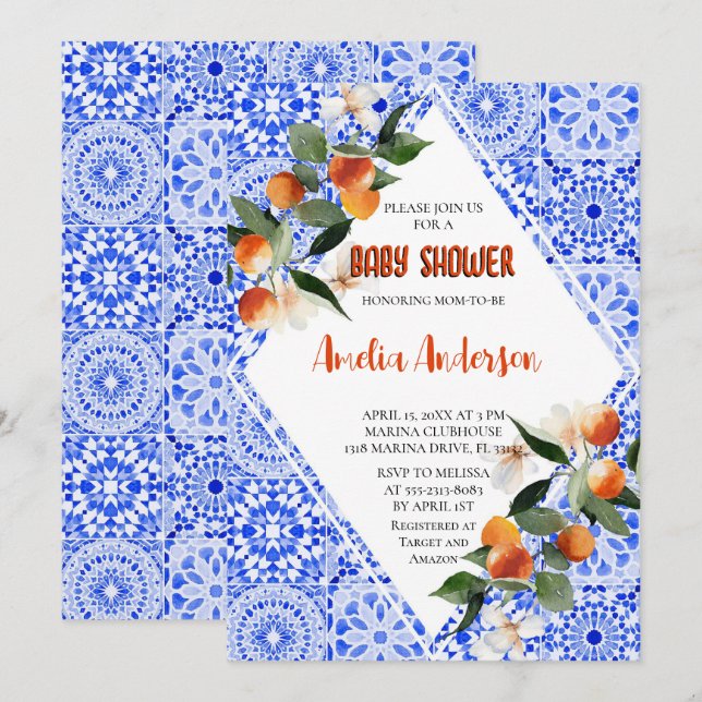 Watercolor Orange Citrus Mediterranean Baby Shower Invitation (Front/Back)