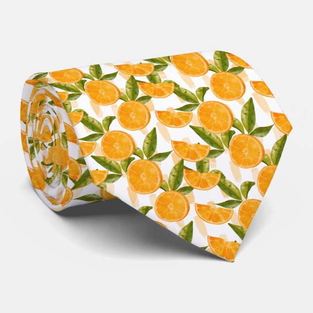 Watercolor Orange Citrus Pattern Tie (Rolled)