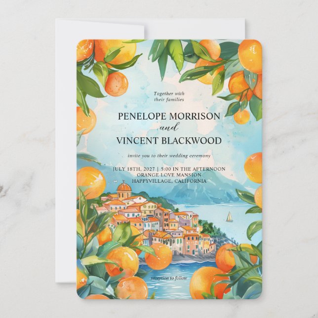 Watercolor Orange City Wedding Invitation (Front)