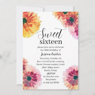 Watercolor Orange Dahlia Daisy Sweet 16 Sixteen Invitation