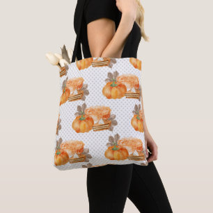 WATERCOLOR ORANGE FALL PUMPKINS AND PIES TOTE BAG