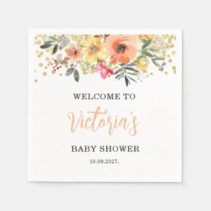 Watercolor Orange Floral Baby Shower Napkin