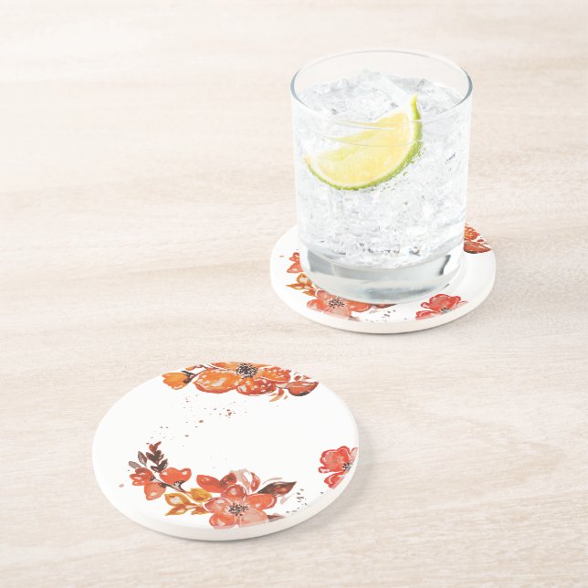 Watercolor orange floral compact mirror coaster (Side)