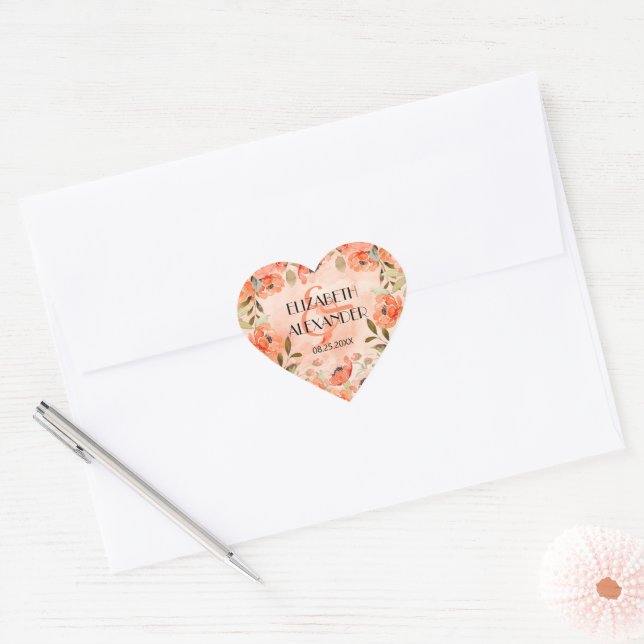Watercolor Orange Floral Wedding Heart Sticker (Envelope)