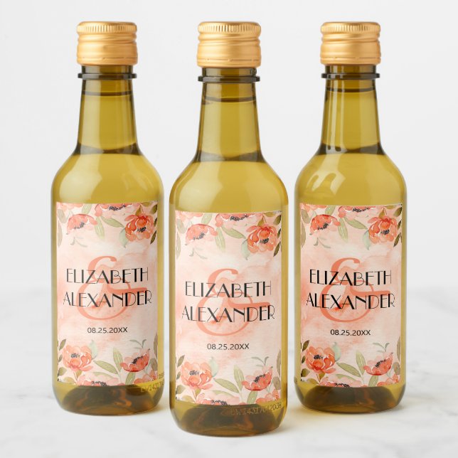 Watercolor Orange Floral Wedding Mini Wine Label (Bottles)