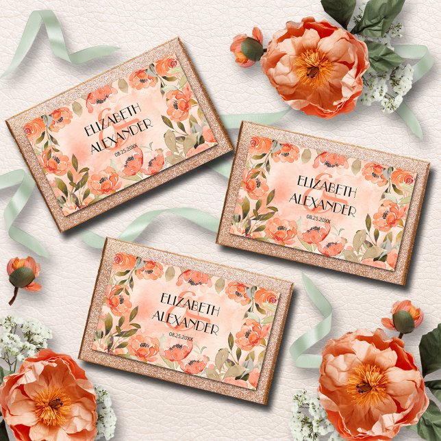 Watercolor Orange Floral Wedding Sticker (Watercolor Orange Floral Wedding Rectangular Stickers 4.5" x 2.7")