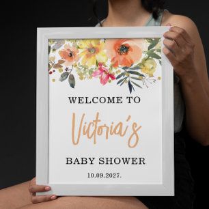 Watercolor Orange Floral Welcome Baby Shower  Poster
