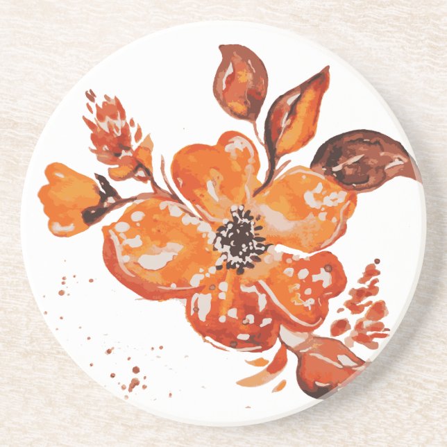 Watercolor orange flower compact mirror coaster (Front)