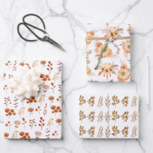 Watercolor Orange Flower Floral Leaves Boho  Wrapping Paper Sheet