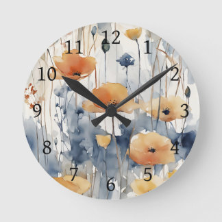 Watercolor Orange Flowers Blue Indigo Design 347 Round Clock