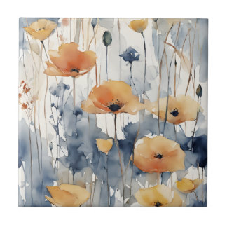 Watercolor Orange Flowers Blue Indigo Design 347 Tile
