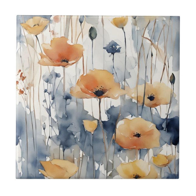 Watercolor Orange Flowers Blue Indigo Design 347 Tile (Front)