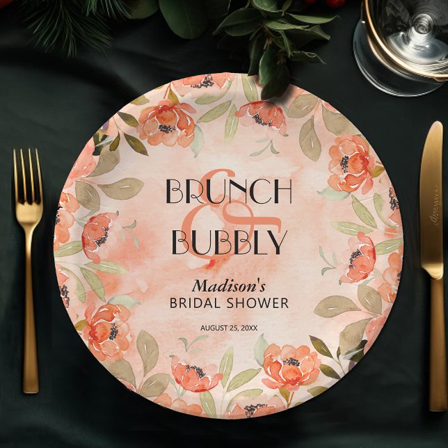 Watercolor Orange Flowers Bridal Shower Paper Plate (Brunch and Bubbly orange floral personalized bridal shower paper plates)