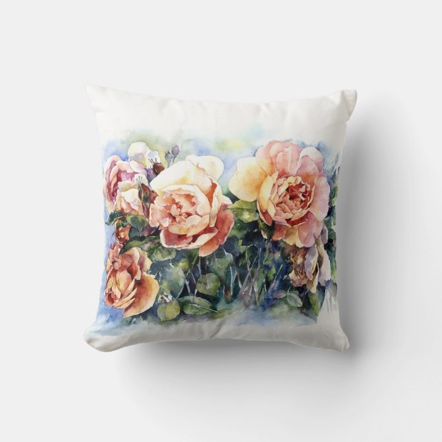 Watercolor orange flowers roses illustration flowe throw pillow (Front)