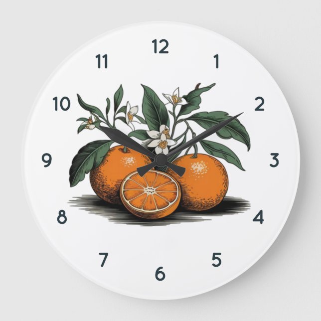 Watercolor Orange fruit Clock with Black numbers (Front)