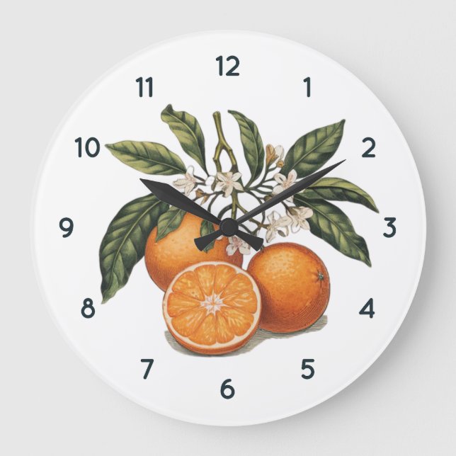 Watercolor Orange fruit Clock with Black numbers (Front)