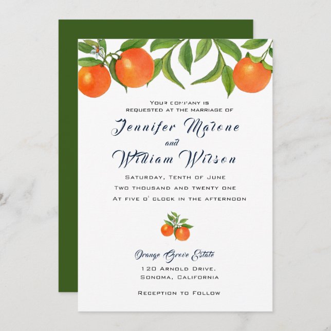 Watercolor Orange fruit wedding invitation (Front/Back)