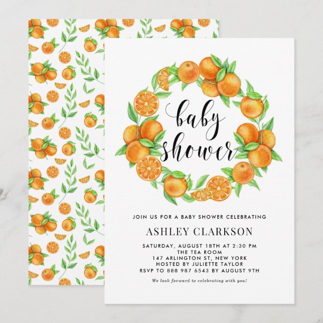 Watercolor Orange Fruit Wreath Summer Baby Shower Invitation (Front/Back)