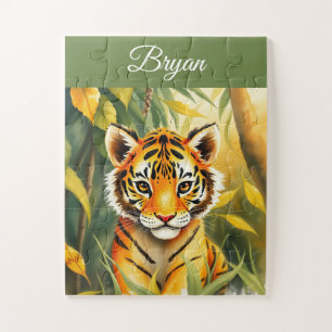 Watercolor Orange & Green Cute Tiger Kids Name Jigsaw Puzzle