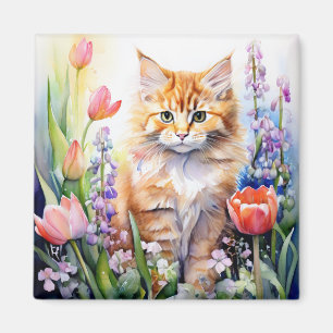Watercolor Orange Kitty Cat In Flower Garden Magnet