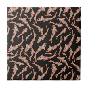 Watercolor Orange Koi Black Fish Pattern Tile