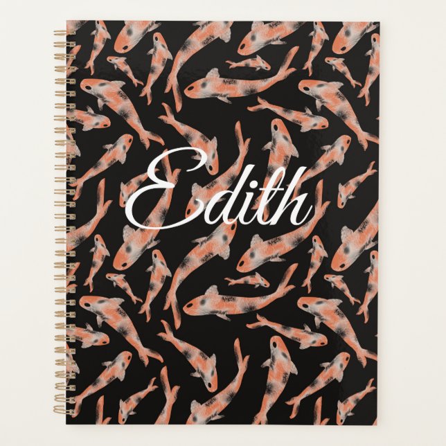 Watercolor Orange Koi Fish Black Personalized Planner (Front)