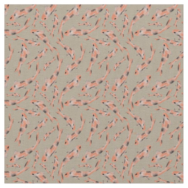 Watercolor Orange Koi Fish Taupe Pattern Fabric (Close Up)
