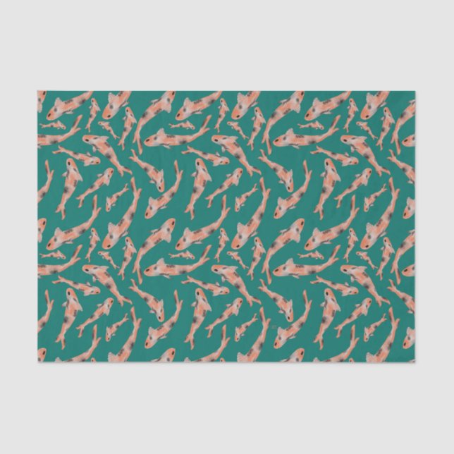 Watercolor Orange Koi Fish Teal Pattern Tissue Paper (Front)