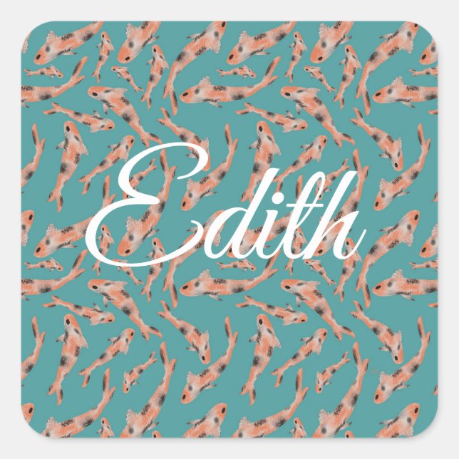 Watercolor Orange Koi Fish Turquoise Personalized Square Sticker (Front)