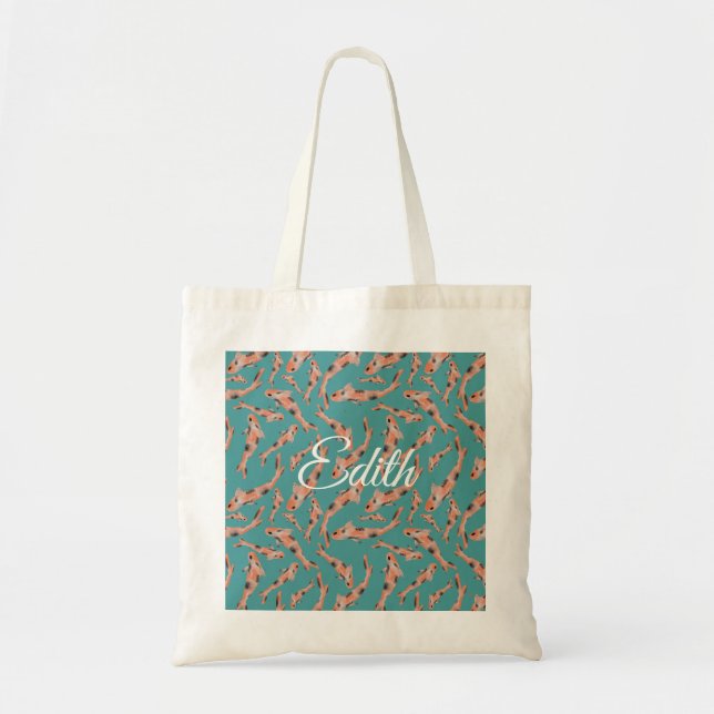 Watercolor Orange Koi Fish Turquoise Personalized  Tote Bag (Front)