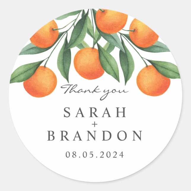 Watercolor Orange  Leaf  Summer Wedding Classic Round Sticker (Front)