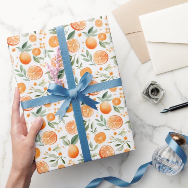 Watercolor Orange & Leaves on White  Wrapping Paper (Gifting)