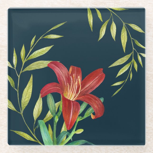 Watercolor Orange Lily Illustration Dark Blue Glass Coaster (Front)