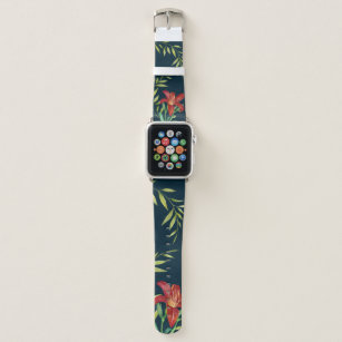 Watercolor Orange Lily Illustration Dark Turquoise Apple Watch Band