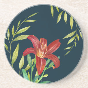 Watercolor Orange Lily Illustration Dark Turquoise Coaster