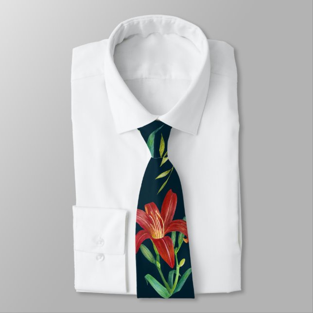 Watercolor Orange Lily Illustration Dark Turquoise Tie (Tied)