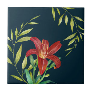 Watercolor Orange Lily Illustration Dark Turquoise Tile