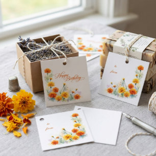 Watercolor Orange Marigold Floral Birthday Favour Tags
