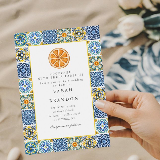 Watercolor Orange Mediterranean Blue tile Wedding  Invitation (Creator Uploaded)