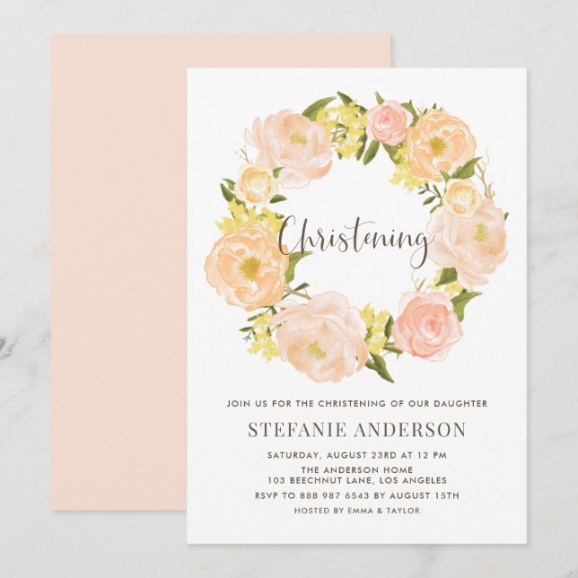 Watercolor Orange Peony Wreath Christening Invitation (Front/Back)