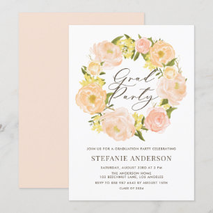 Watercolor Orange Peony Wreath Graduation Party Invitation