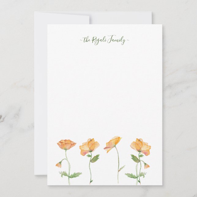 Watercolor Orange Poppies Personalized Stationery Card (Front)