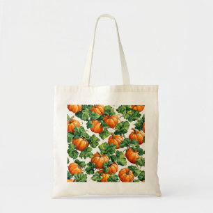 Watercolor Orange Pumpkin and Vine Leaves Fall Tote Bag