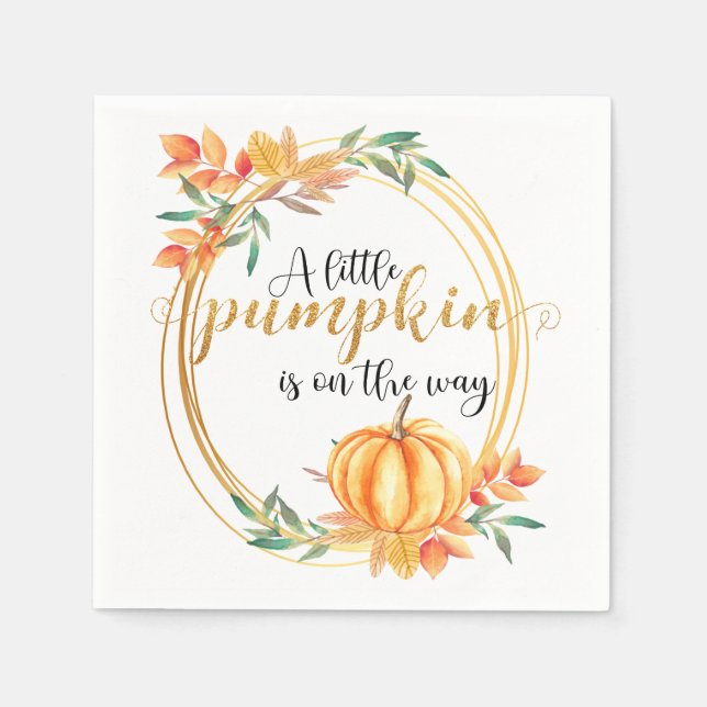 Watercolor Orange Pumpkin Leaves Fall Baby Shower Napkin (Front)