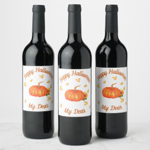 Watercolor orange pumpkin with seed happy Hallowen Wine Label