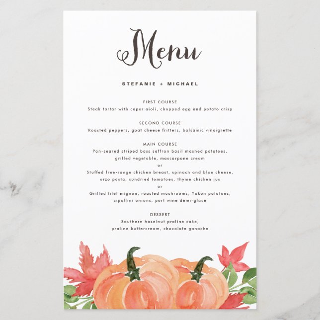 Watercolor Orange Pumpkins Fall Wedding Menu Card (Front)