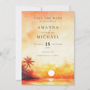 Watercolor Orange Sunset Palm Beach Wedding Save The Date