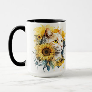 WATERCOLOR ORANGE TABBY CAT WITH SUNFLOWERS MUG