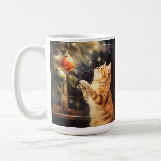 WATERCOLOR ORANGE TABBY KITTEN CHRISTMAS BALLS COFFEE MUG (Left)