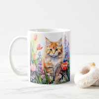 Watercolor Orange Tabby Kitty Cat In Flower Garden